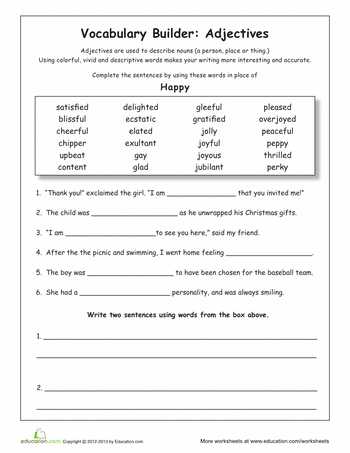 2nd Grade Vocabulary Worksheets or Synonyms for Happy