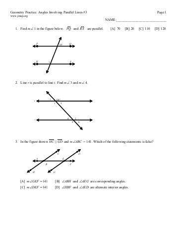 3 1 Lines and Angles Worksheet Answers with Geometry M217 Name Chapter 3 Test Review Date Hour