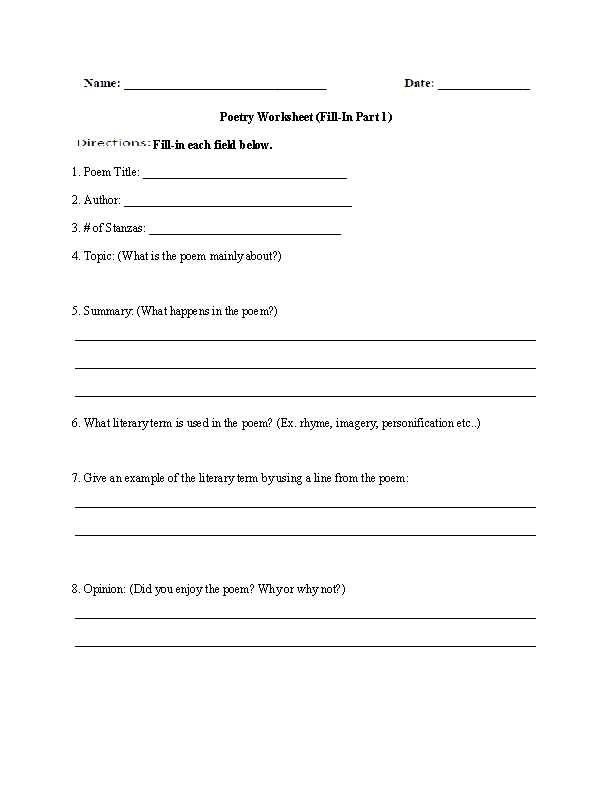 4th Grade Poetry Worksheets Along with Free High School English Worksheets Worksheets for All