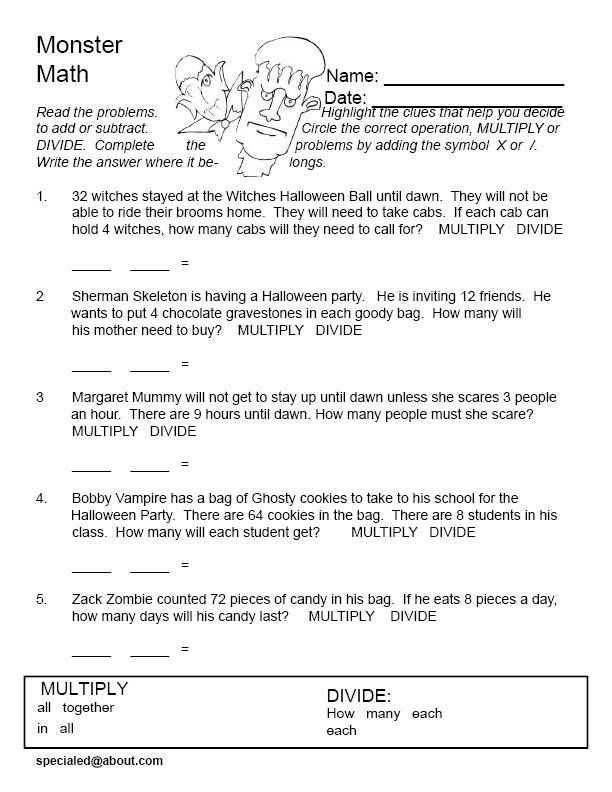 6th Grade Math Word Problems Worksheets Also Monster Math Free Printable World Problems for Halloween