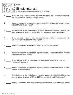6th Grade Math Worksheets with Answer Key and Simple Interest Worksheets with Answers