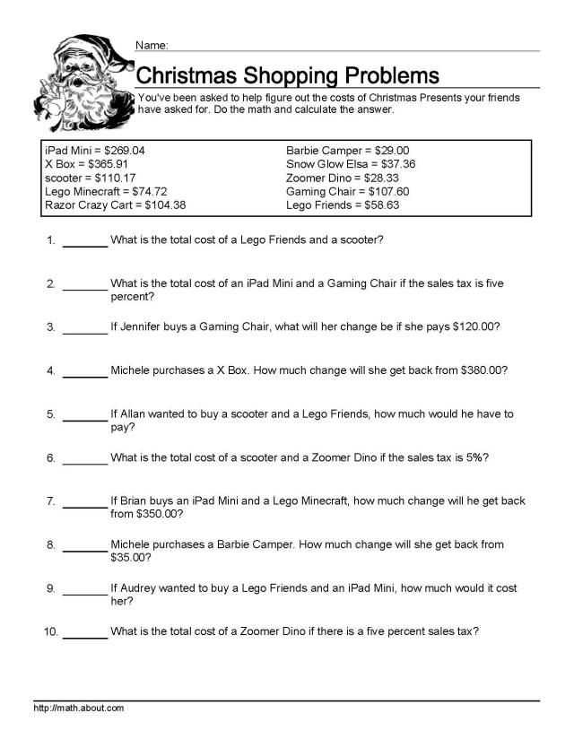 6th Grade Word Problems Worksheet Along with Christmas Shopping Math Word Problems