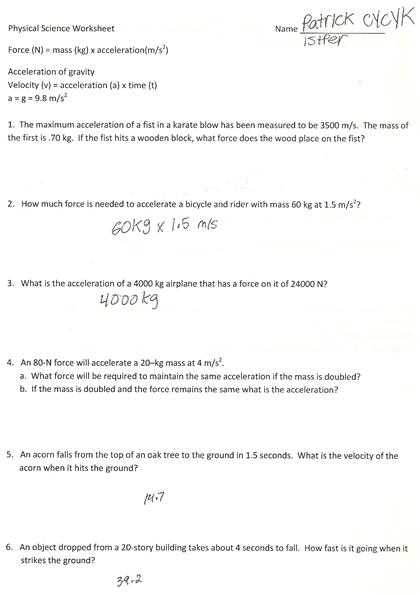 Acceleration and Free Fall Worksheet Answers Also Physical Science Worksheets Answers Worksheets for All
