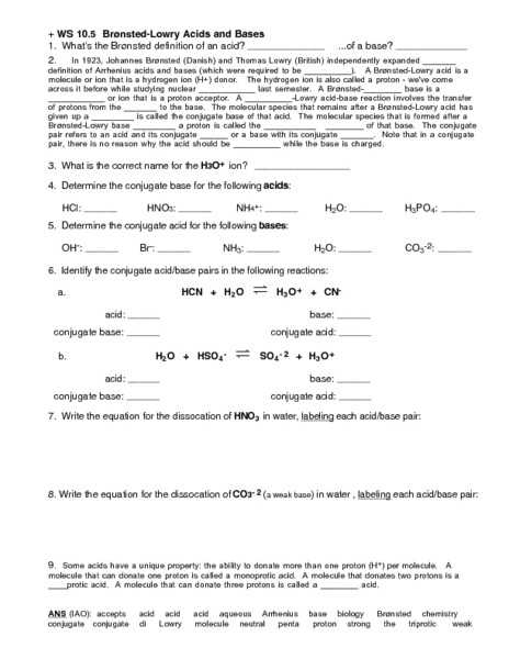Acids and Bases Worksheet Chemistry and Acids and Bases Worksheet Answers