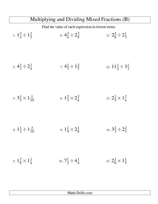Adding Subtracting Multiplying and Dividing Fractions Worksheet Along with Fractions Worksheet Multiplying and Dividing Mixed Fractions B