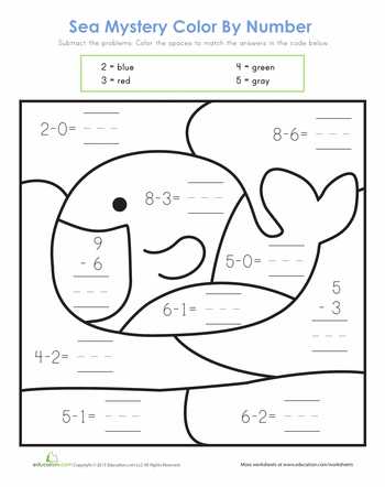 Addition and Subtraction Worksheets for Kindergarten with Subtraction Color by Number Color the Fish