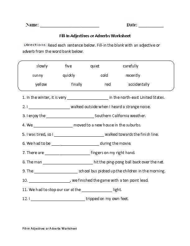 Adjective and Adverb Worksheets with Answer Key or Fill In Adjectives Worksheet Kidz Activities