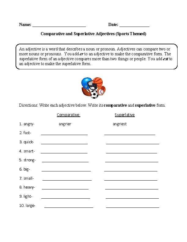 Agreement Of Adjectives Spanish Worksheet with Sports themed Parative and Superlative Adjectives Worksheet