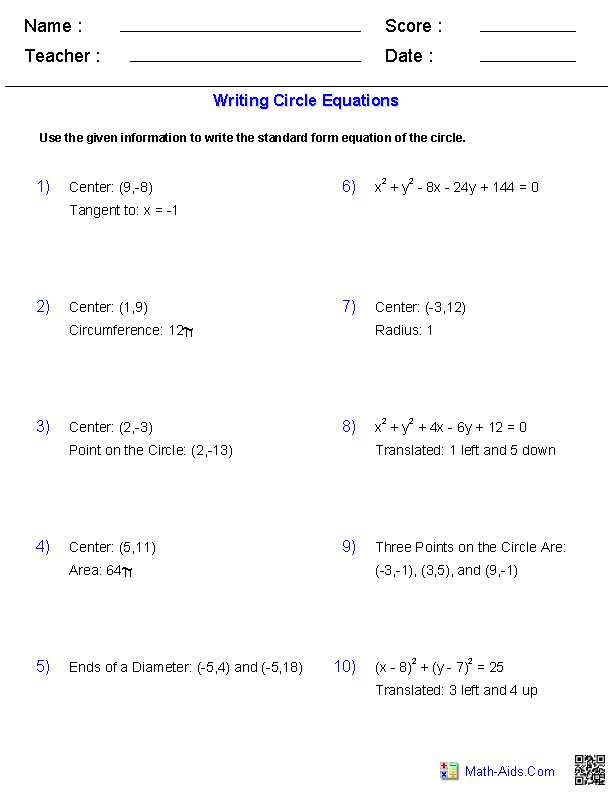 Algebra 2 Worksheets with Answer Key together with Equations Circles Worksheet