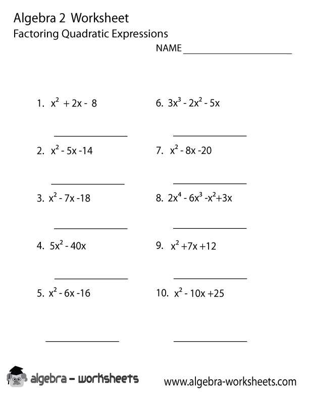 Algebraic Expressions Worksheets with Answers Also Quadratic Expressions Algebra 2 Worksheet