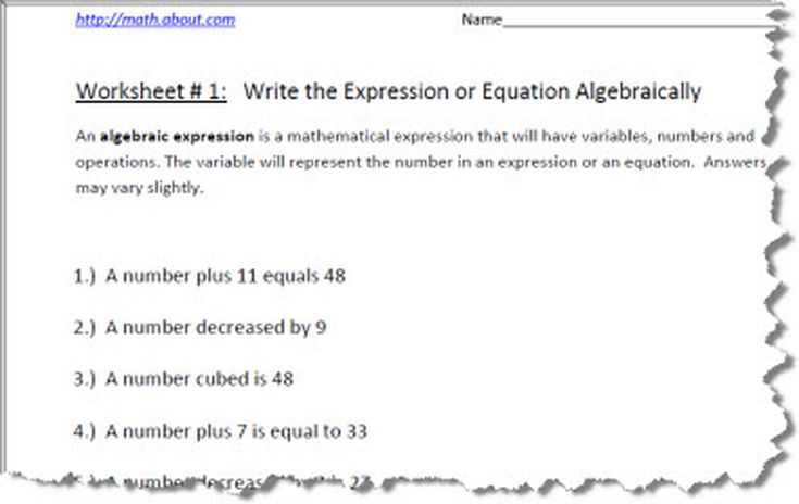 Algebraic Expressions Worksheets with Answers or Pre Algebra Worksheets for Writing Expressions