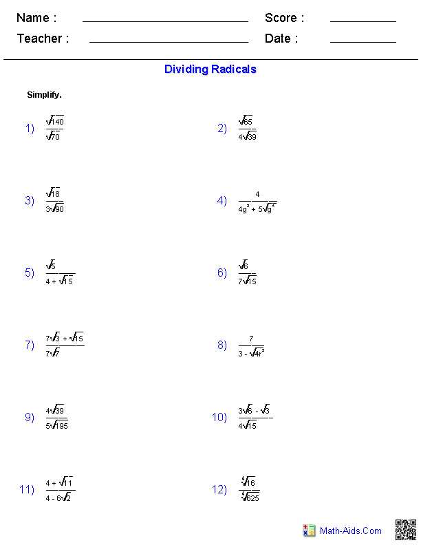 Algebraic Expressions Worksheets with Answers with Dividing Radical Expressions Worksheets