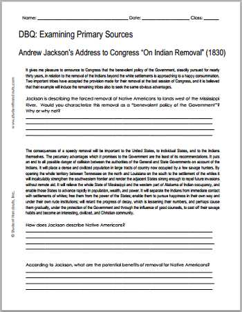 America the Story Of Us Episode 8 Worksheet Answer Key with andrew Jackson Indian Removal 1830 Free Printable Dbq