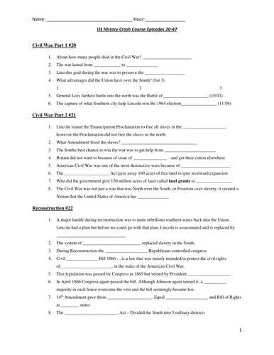 America the Story Of Us Worksheet Answers and Us History Crash Course Questions Civil War to Present