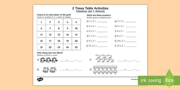 An organized Table Worksheet Due Answer Key together with 2 Times Table Worksheet Activity Sheet English Italian Eal