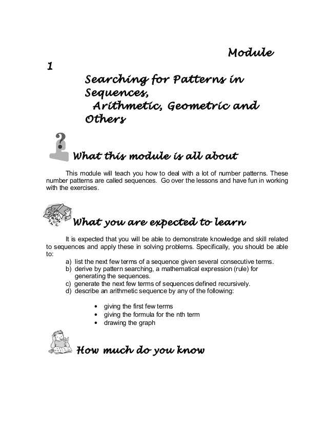 Arithmetic Sequence Worksheet Algebra 1 or Grade 10 Math Module 1 Searching for Patterns Sequence and Series