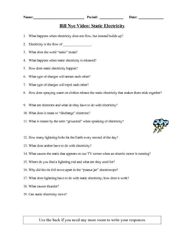 Bill Nye Static Electricity Worksheet and Bill Nye the Science Guy Static Electricity Worksheet
