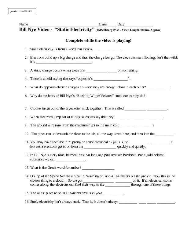 Bill Nye Static Electricity Worksheet as Well as Free Bill Nye Static Electricity Worksheet