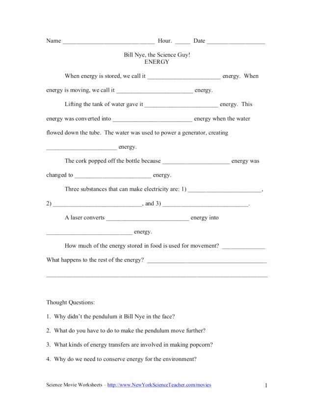 Bill Nye the Science Guy Energy Worksheet Answers together with Kinetic and Potential Energy Worksheet Answers Luxury Bill Nye