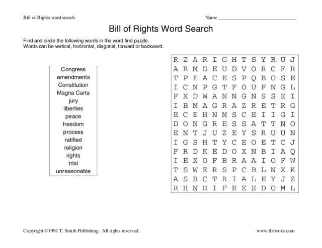 Bill Of Rights Worksheet Answer Key with Bill Of Rights Word Search Worksheet Lesson Planet