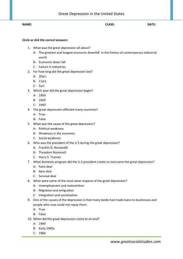 Bill Of Rights Worksheet Answer Key with the Great Depression Summary Super Teachers Worksheets