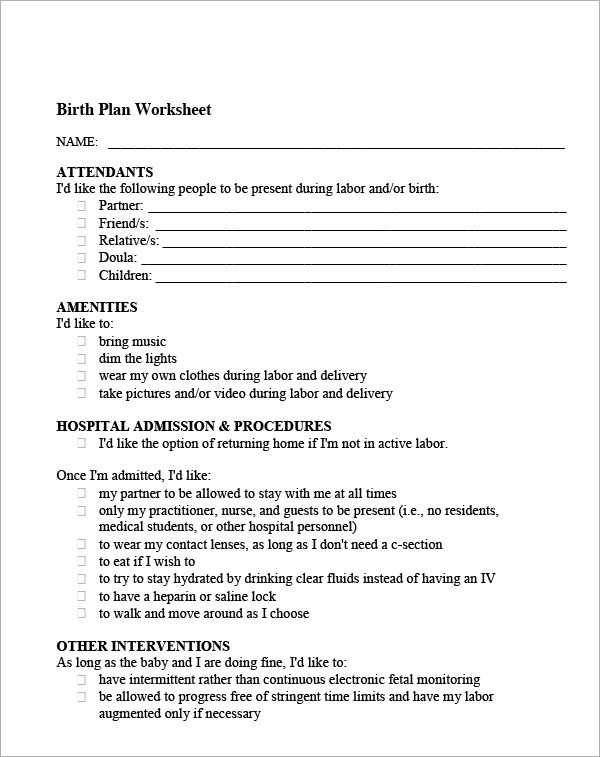 Birth Plan Worksheet or Sample Birth Plan