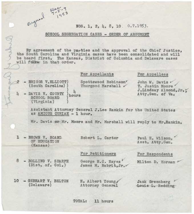 Brown V Board Of Education 1954 Worksheet Answers or order Of Argument In the Case Brown V Board Of Education