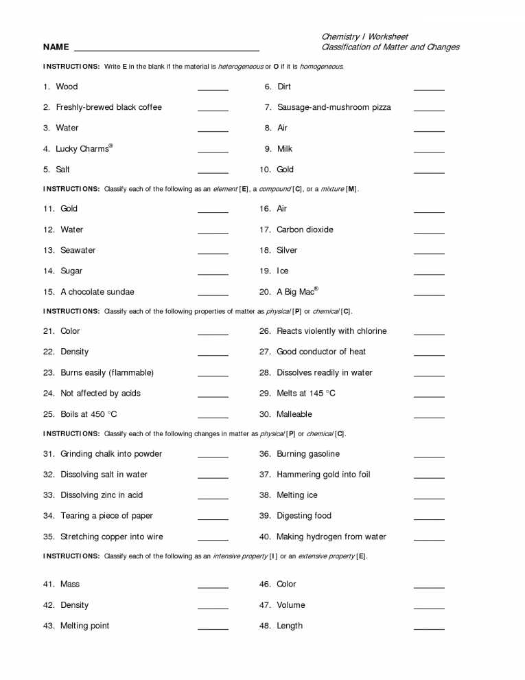 Chemistry 1 Worksheet Classification Of Matter and Changes Answer Key as Well as Chemistry I Worksheet Classification Matter and Changes Image