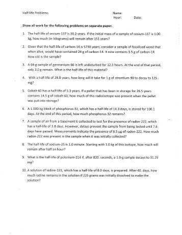 Chemistry Of Life Worksheet 1 and Nuclear Reactions and Half Life Worksheet Plymouth State