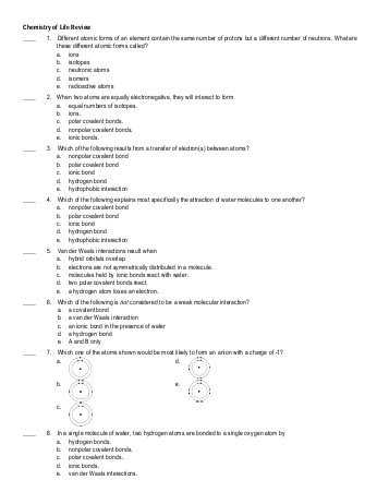 Chemistry Of Life Worksheet 1 together with Homework ¢€“ Chapter 2 ¢€“ Chemistry Of Life Bishop Noll Institute