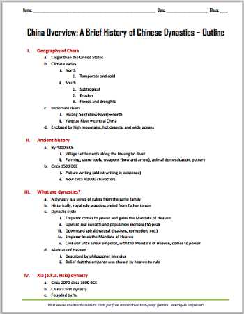 Chinese Dynasties Worksheet Pdf with China Overview A Brief History Of Chinese Dynasties Printable Outline