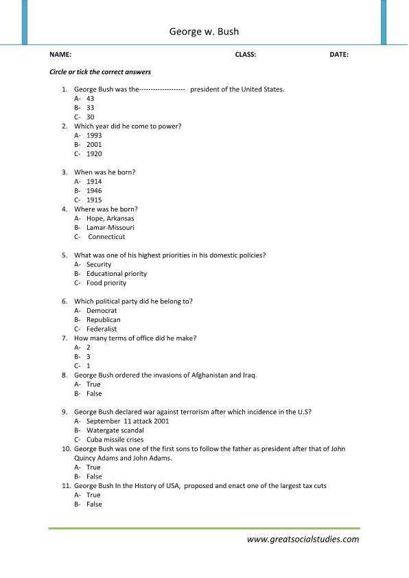 Citizenship In the Nation Worksheet or Student Worksheets George W Bush Facts George W Bush