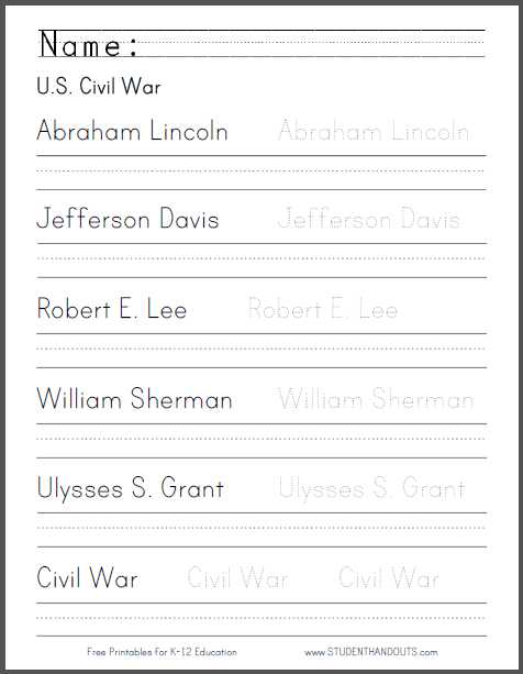 Civil War Worksheets Pdf together with U S Civil War Leaders Handwriting Practice Worksheet In Print or