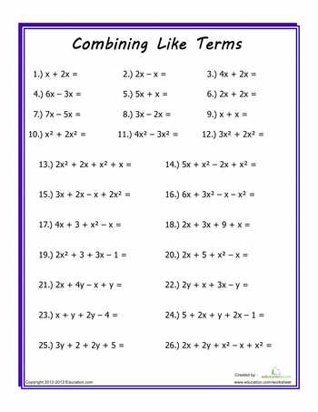 Combining Like Terms Practice Worksheet and Bining Like Terms