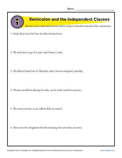 Commas Semicolons and Colons Worksheet or Semicolon and Independent Clauses
