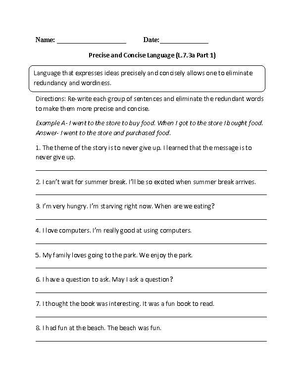 Common Core Grammar Worksheets Along with Precise and Concise Words L 7 3a Language Worksheet
