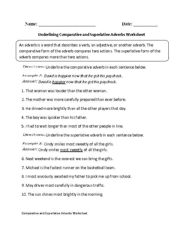 Comparison Of Adverbs Worksheet as Well as Underlining Parative and Superlative Adverbs Worksheet