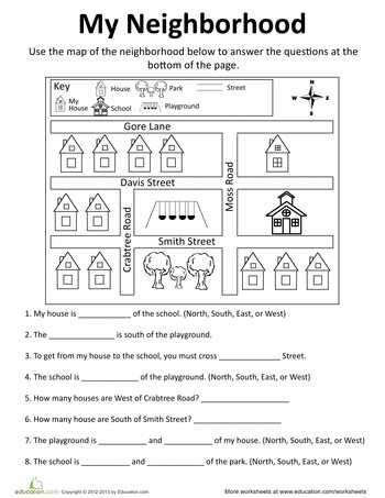Compass Worksheets for Kids with My Neighborhood Map