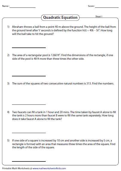 Completing the Square Worksheet Along with Word Problems Involving Quadratic Equations
