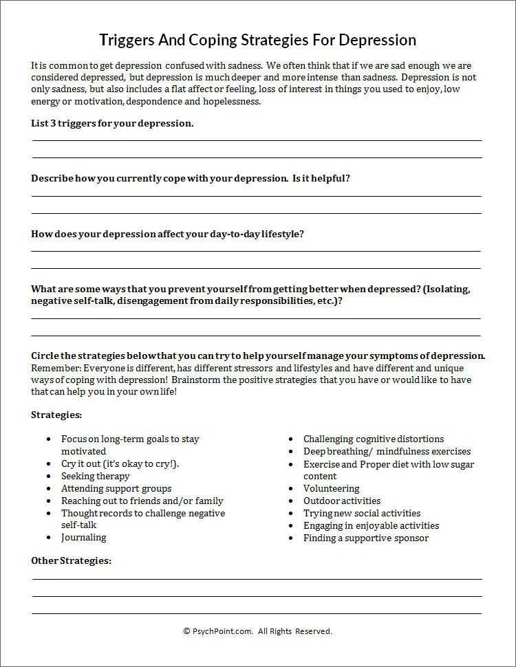 Couples therapy Worksheets or Triggers and Coping Strategies for Depression Worksheet