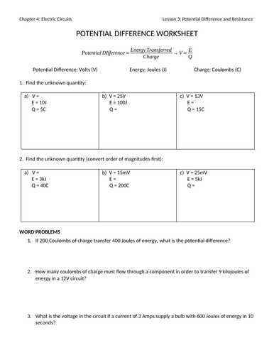 Current Voltage and Resistance Worksheet together with Mr Ansell S Resources Shop Teaching Resources Tes