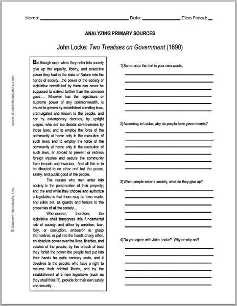 Declaration Of Independence Worksheet with John Locke Enlightenment Two Treatises On Government Primary