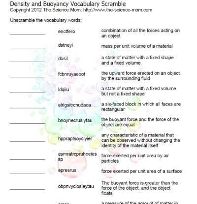 Density Worksheet Chemistry and Free Density and Buoyancy Vocabulary Scramble Science Printable