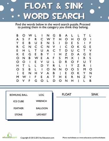 Density Worksheet Middle School and Float and Sink Word Search