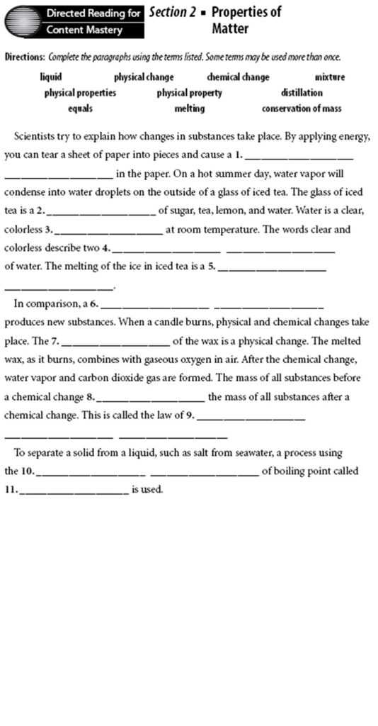 Directed Reading Worksheets Physical Science Answers Also Mixture Worksheet Worksheets for All