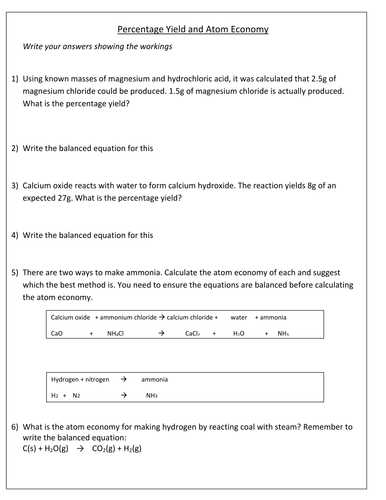 Ecological Footprint Calculator Worksheet and Percentage Yield and atom Economy Calculations by norvener