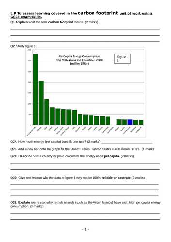 Ecological Footprint Calculator Worksheet together with Carbon Footprint Test assessment Ks3 or 4 Geography Science by