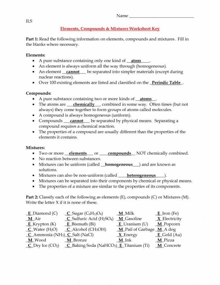 Elements Compounds and Mixtures 1 Worksheet Answers and Worksheet Elements Pounds Mixtures Brunokone and Answers