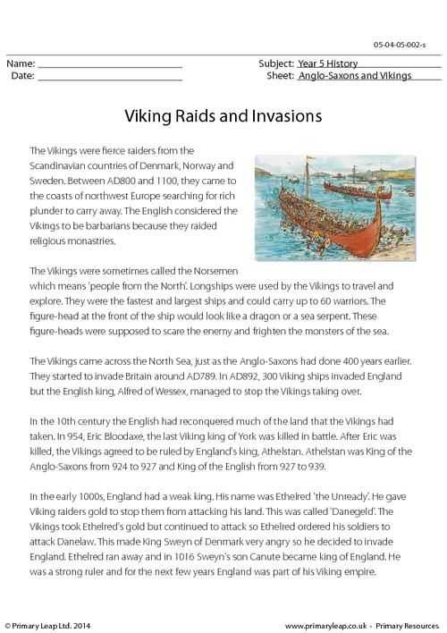 Esl Reading Comprehension Worksheets or Primaryleap Viking Raids and Invasions Reading