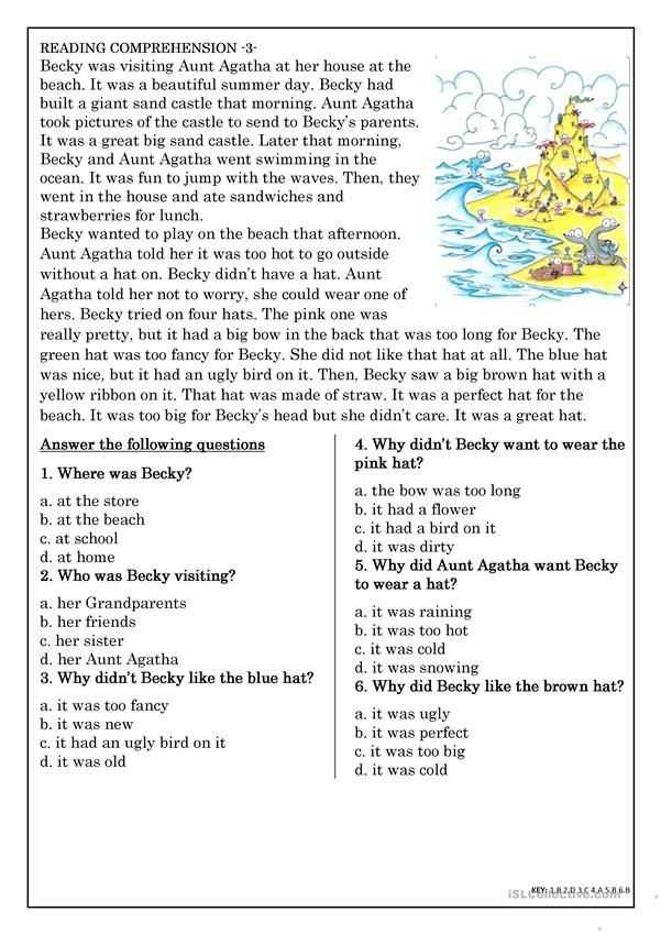 Esl Reading Comprehension Worksheets with Reading Prehension for Beginner and Elementary Students 3